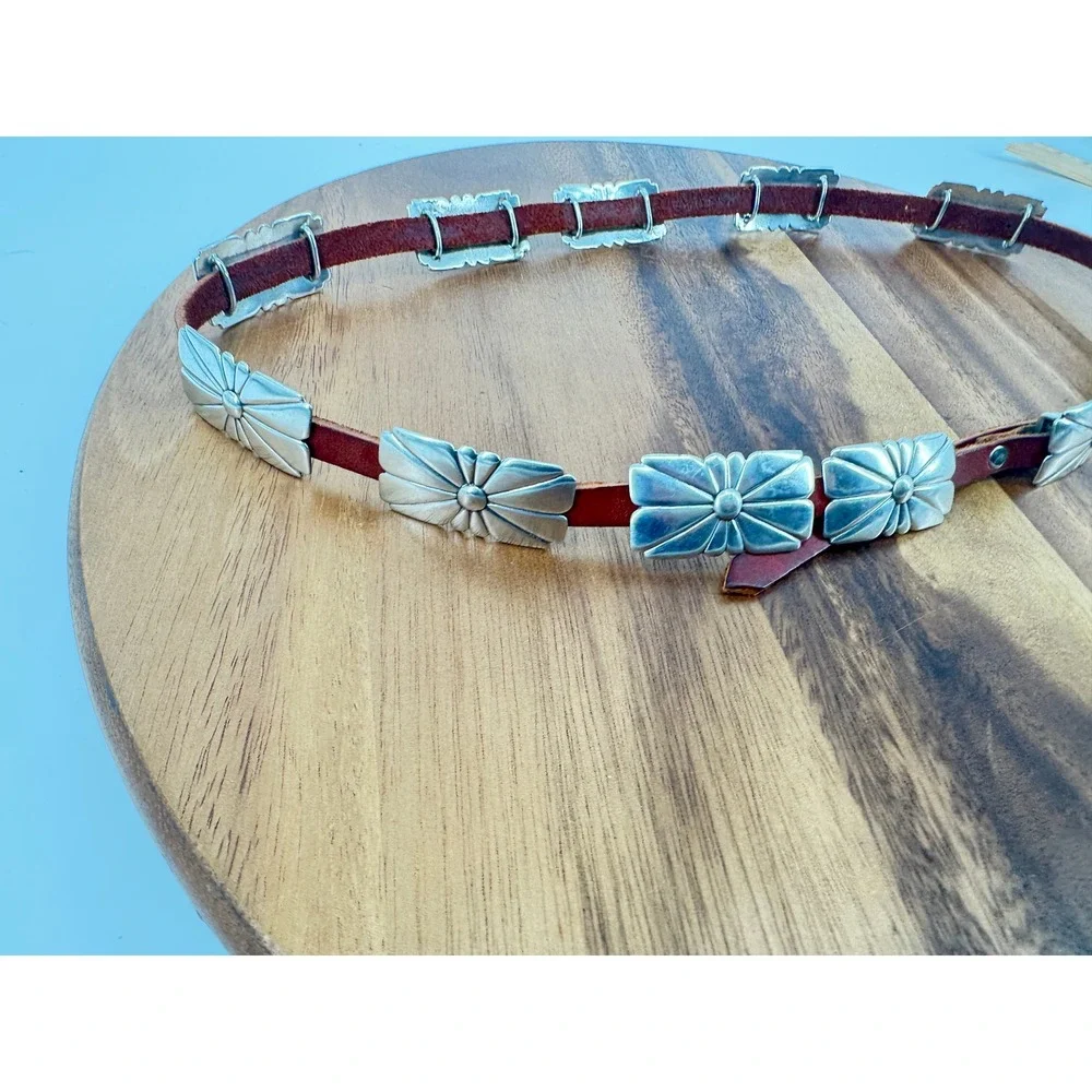 Concho Belt Women OS Brown Silver Western Sunburst Leather Boho Cowgirl